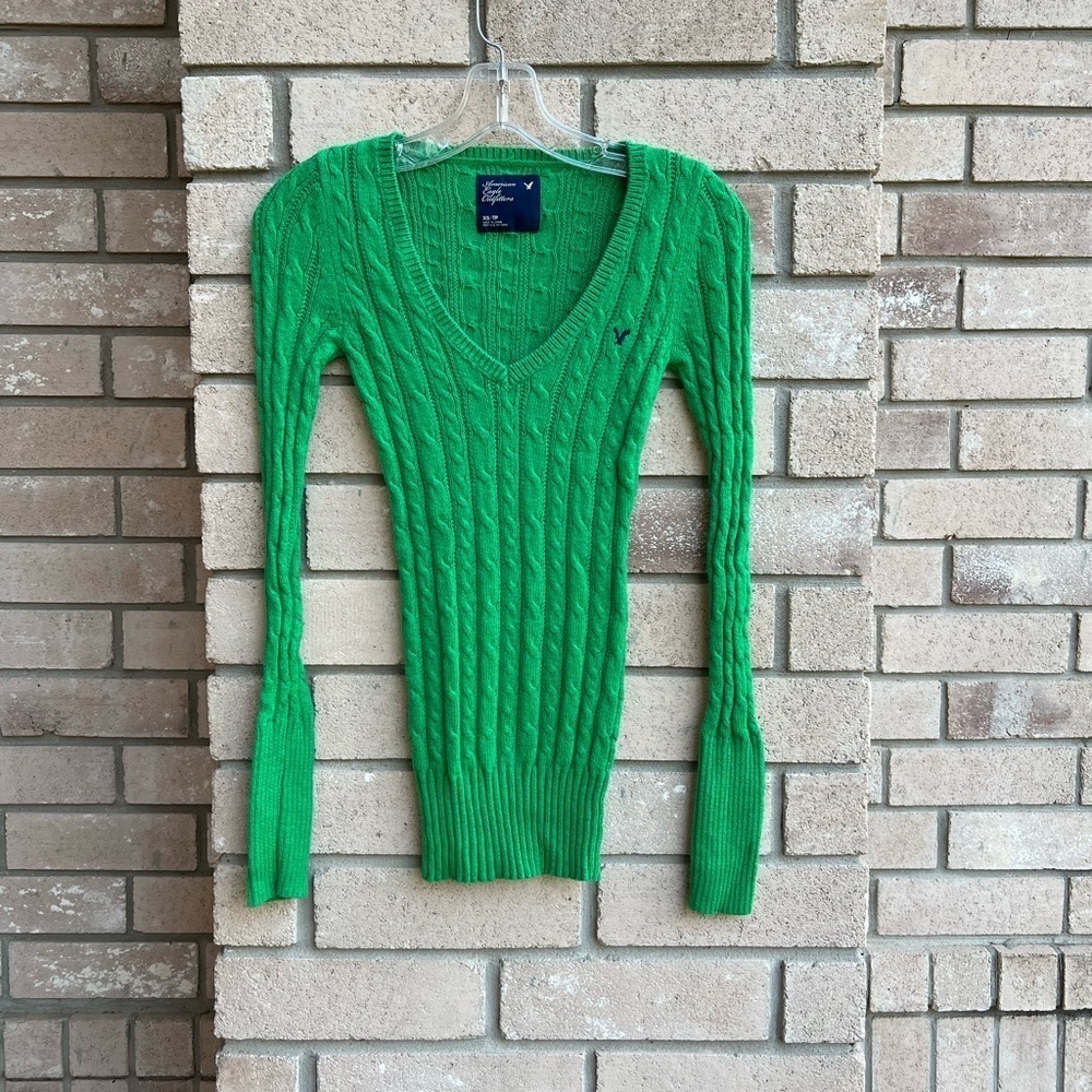American Eagle Pine Green V Neck Long Sleeve Sweater XS